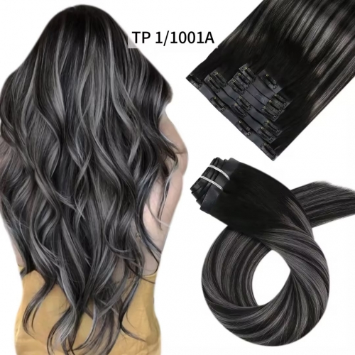 Custom color seamless clip in extension mixed color russian indian 100% human highlights 16-26inch Silky Straight Clip In Hair Extensions